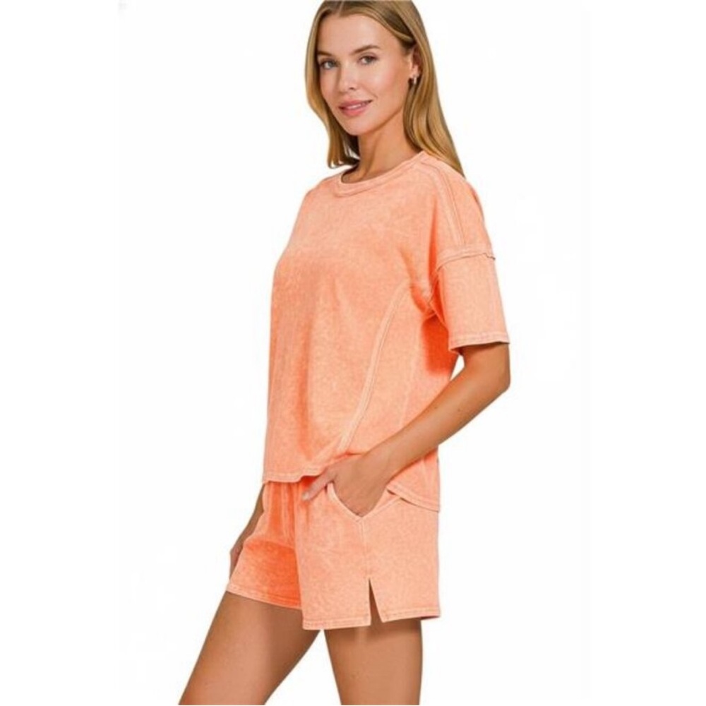 Zenana Outfitters Washed Coral Short Sleeve Tee and shorts set - Picture 2 of 2